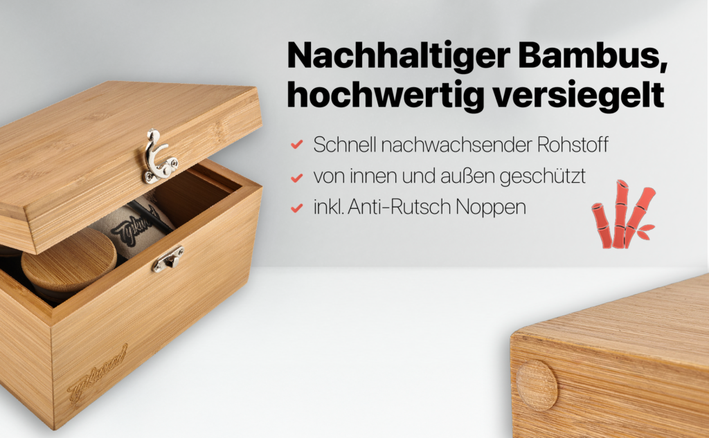 Tyskwood Stash Box aus nachhaltigem Bambus – hochwertig versiegelt und von innen sowie außen geschützt, inklusive Anti-Rutsch-Noppen